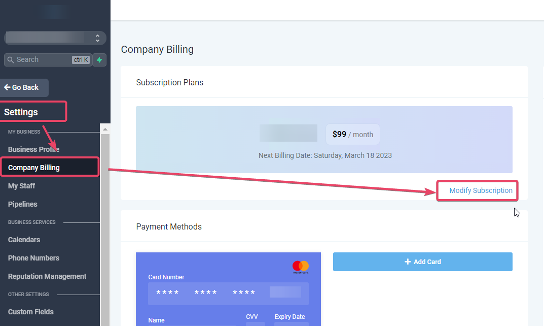 Company Billing page inside a client sub-account