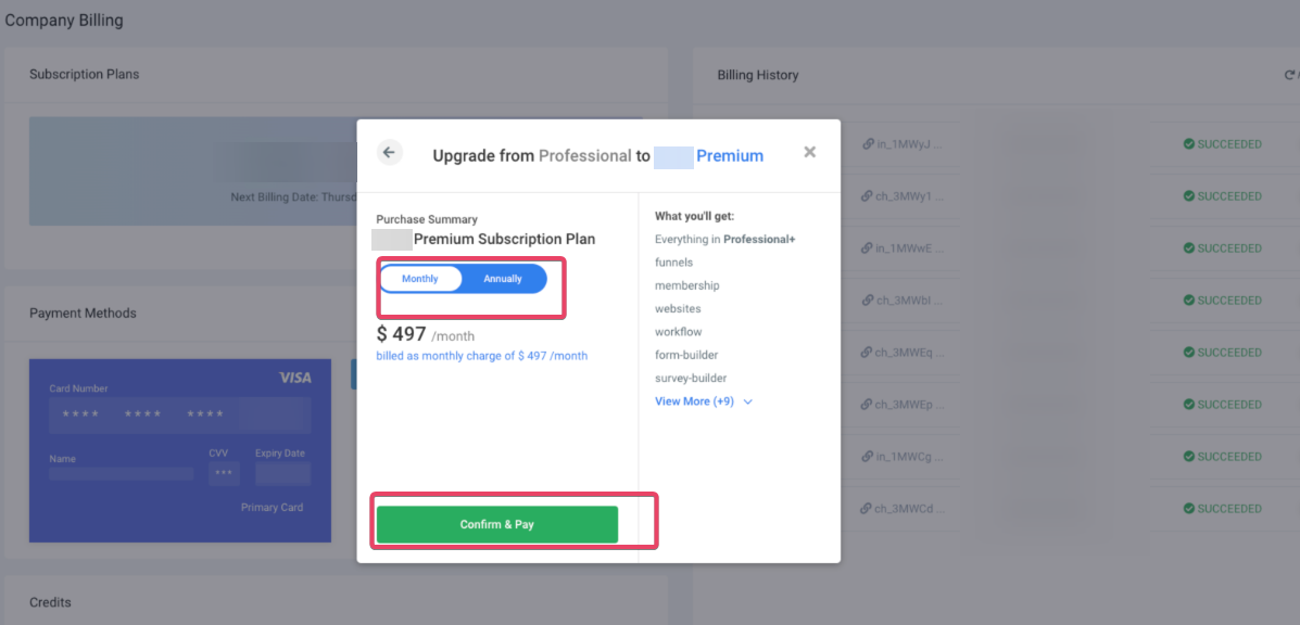 Plan change screen showing billing interval options