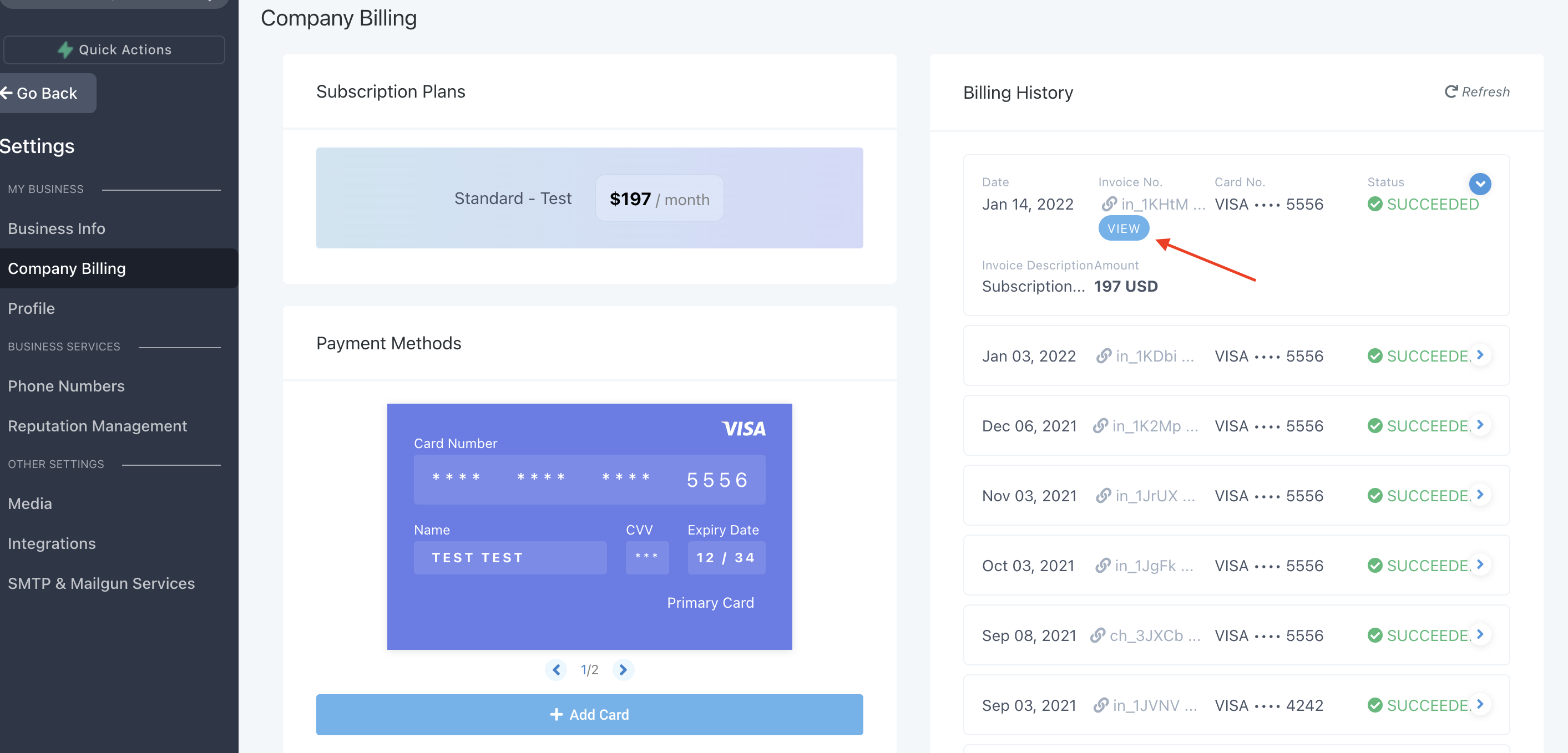 Company Billing invoice history