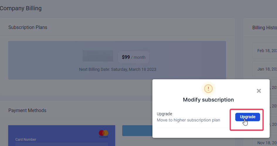 Upgrade action in Company Billing