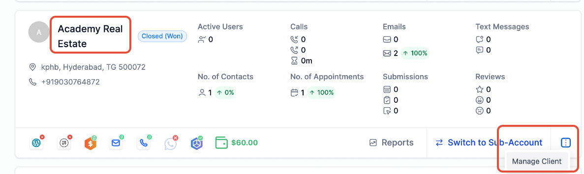 Manage Client option for a sub-account
