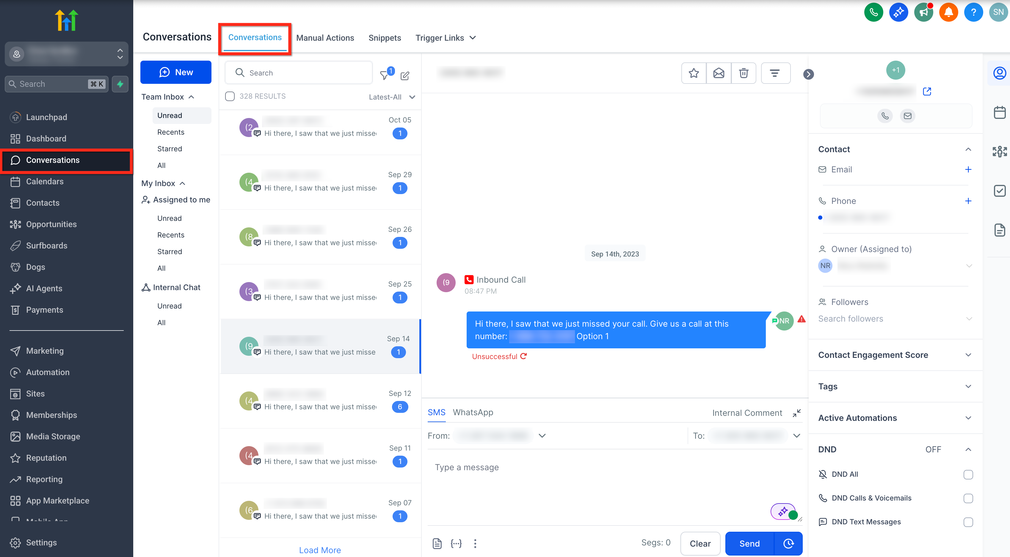Chat To Clients CRM Conversations showing an unsuccessful SMS message