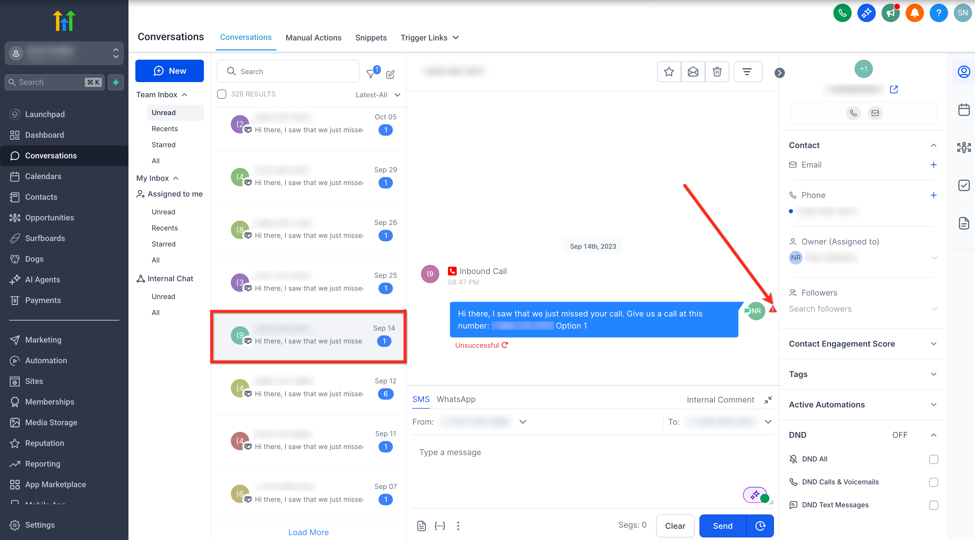 Red error indicator beside an unsuccessful SMS in Conversations