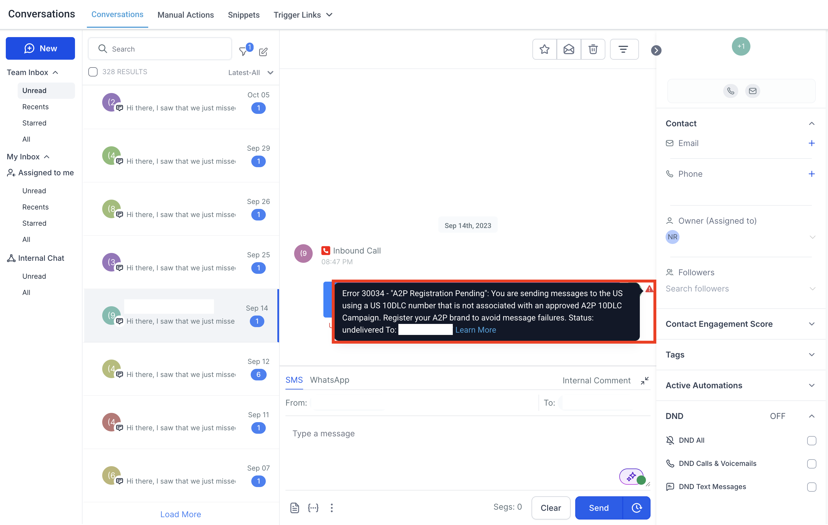 SMS error 30034 displayed in Chat To Clients CRM Conversations