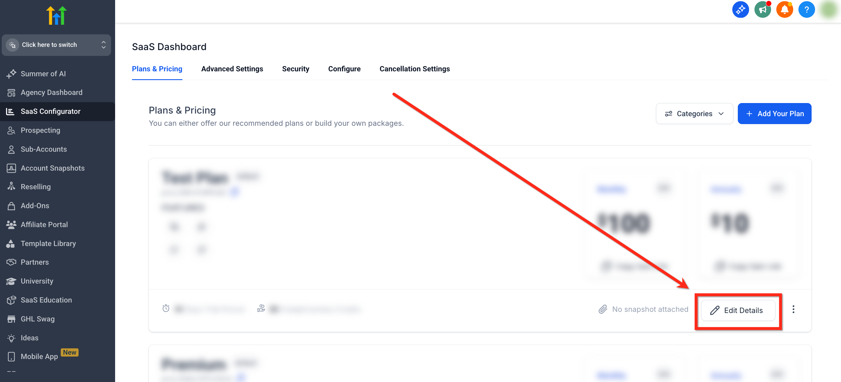 SaaS Configurator plan showing the Edit Details option