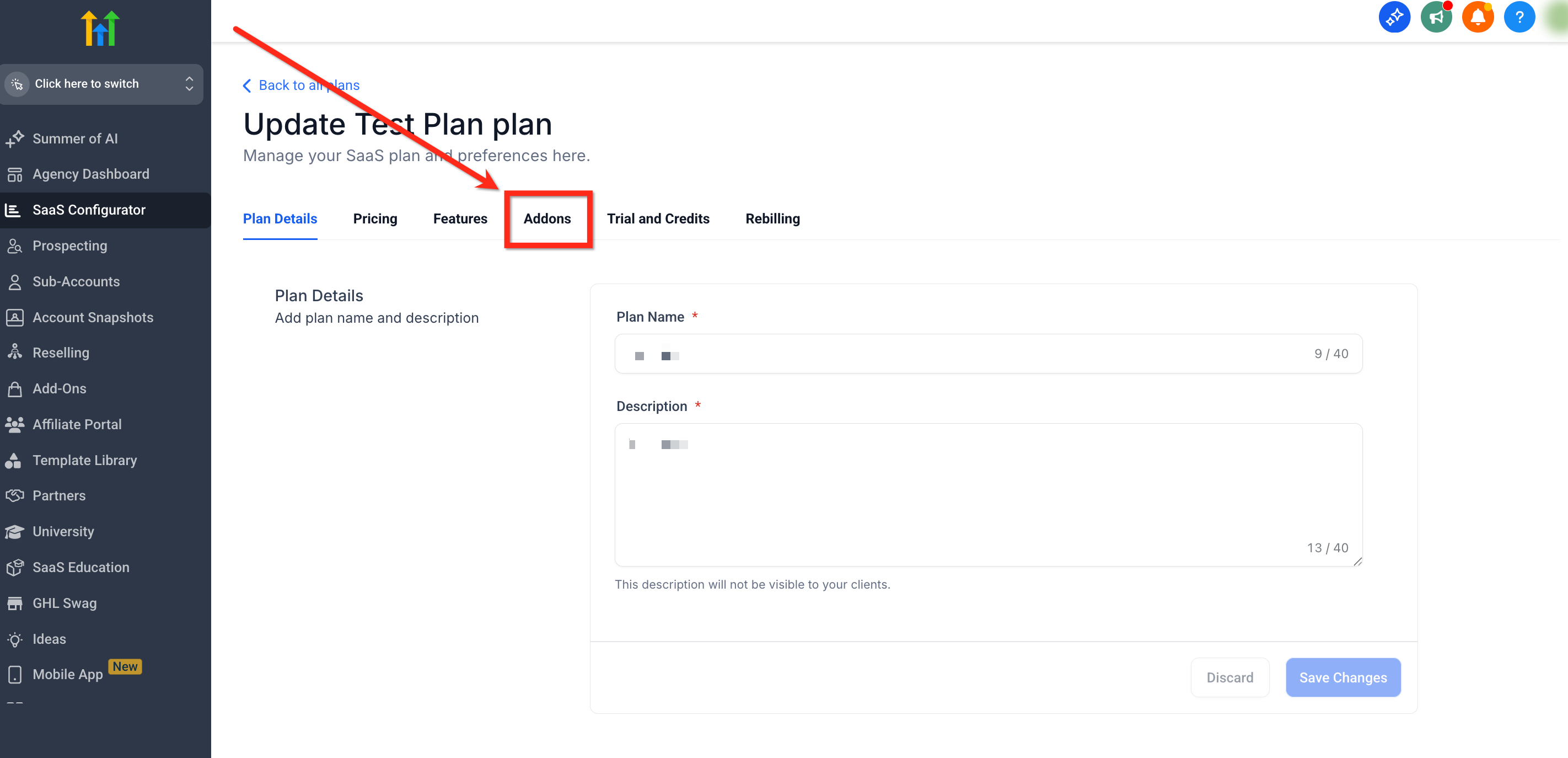 SaaS plan editor showing the Add-Ons section