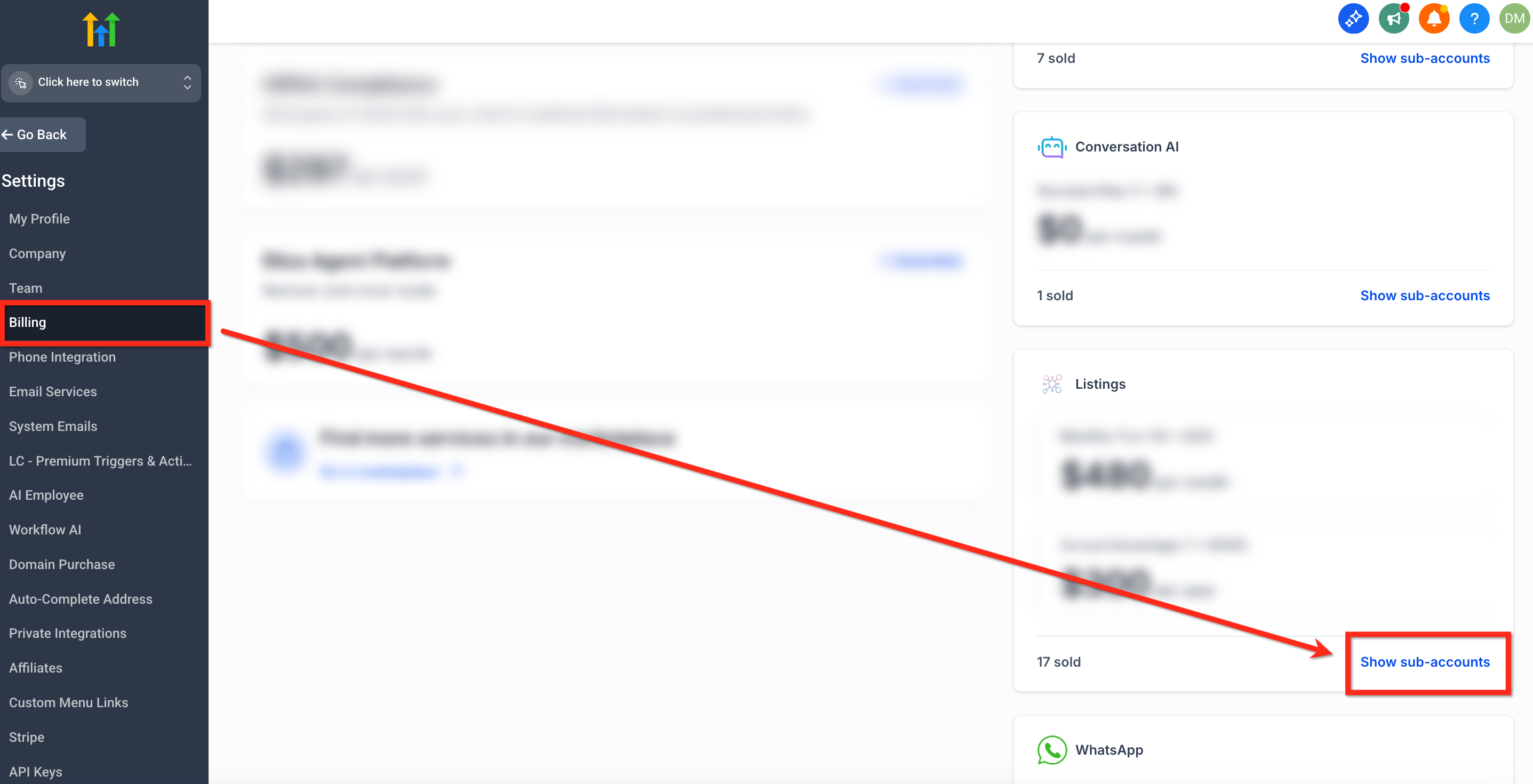 Agency Billing page showing the Listings subscription area