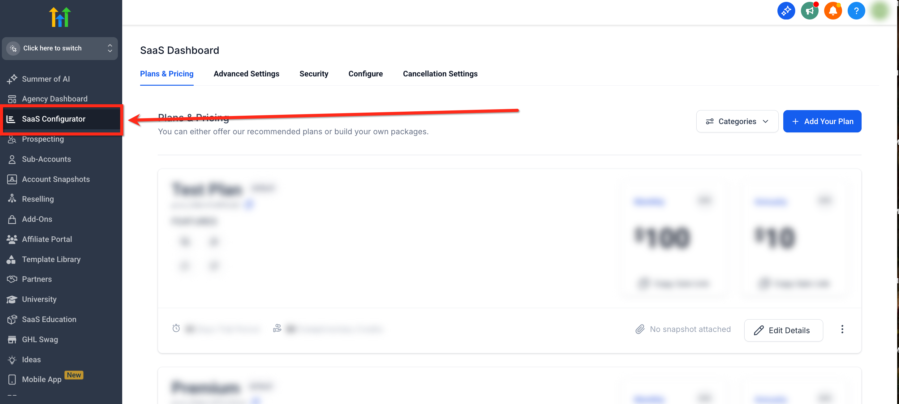 Agency View navigation showing SaaS Configurator