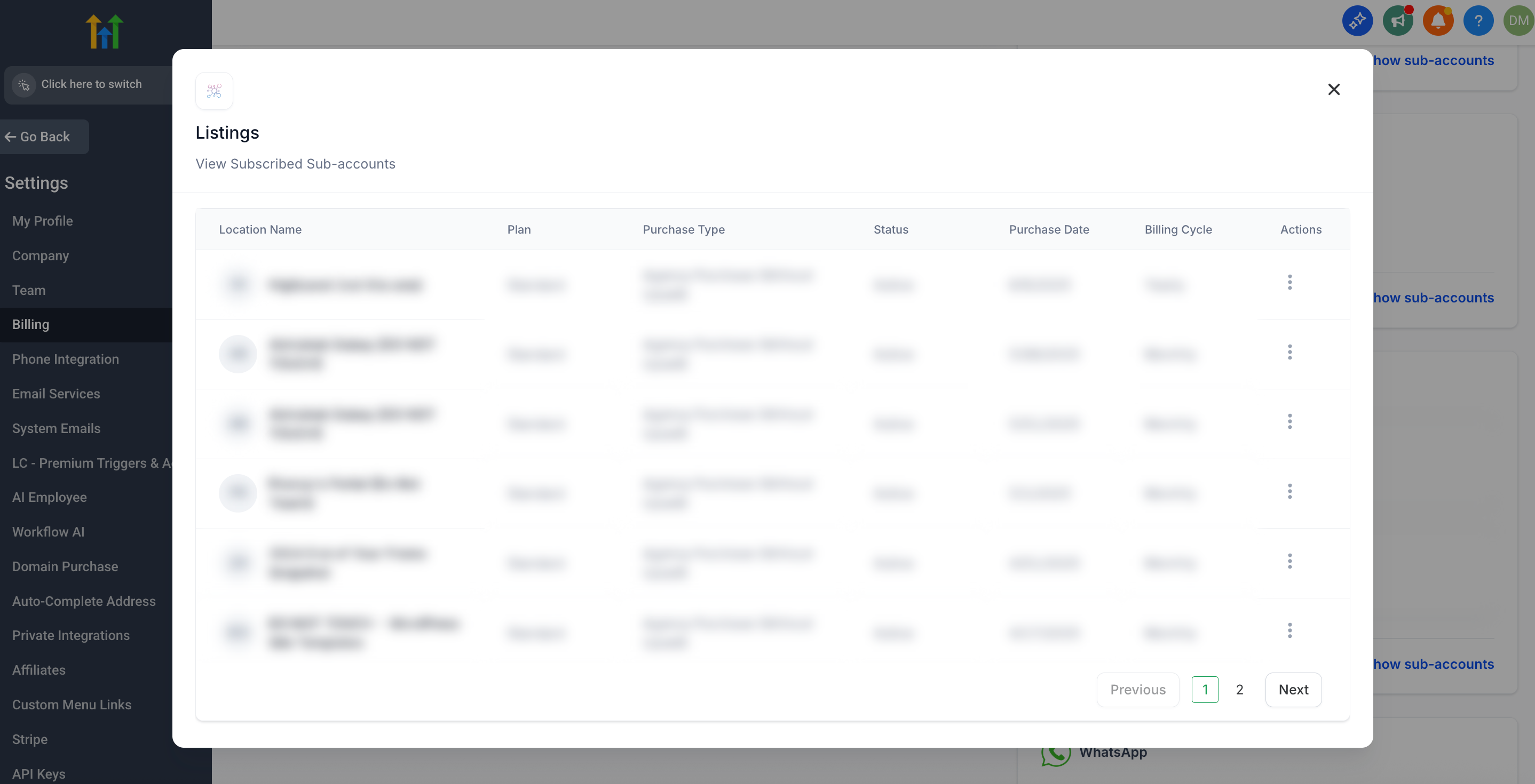 Listings subscription window showing subscribed sub-accounts and billing information