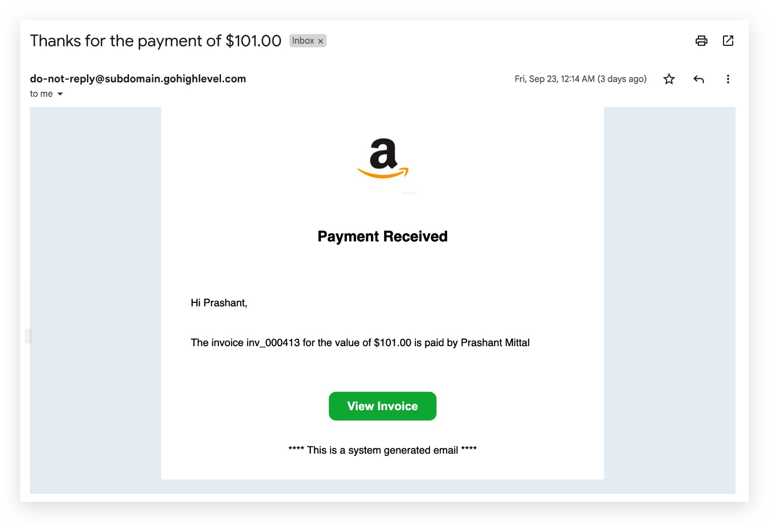 Invoice payment successful — sent to the business