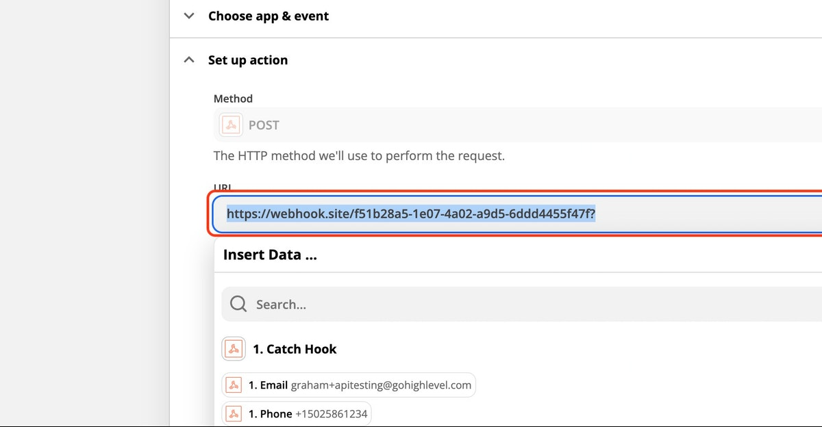 Replace the Chat To Clients CRM API URL with the Webhook.site testing URL