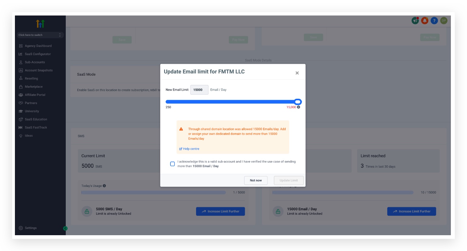 Shared domain limit adjustment UI