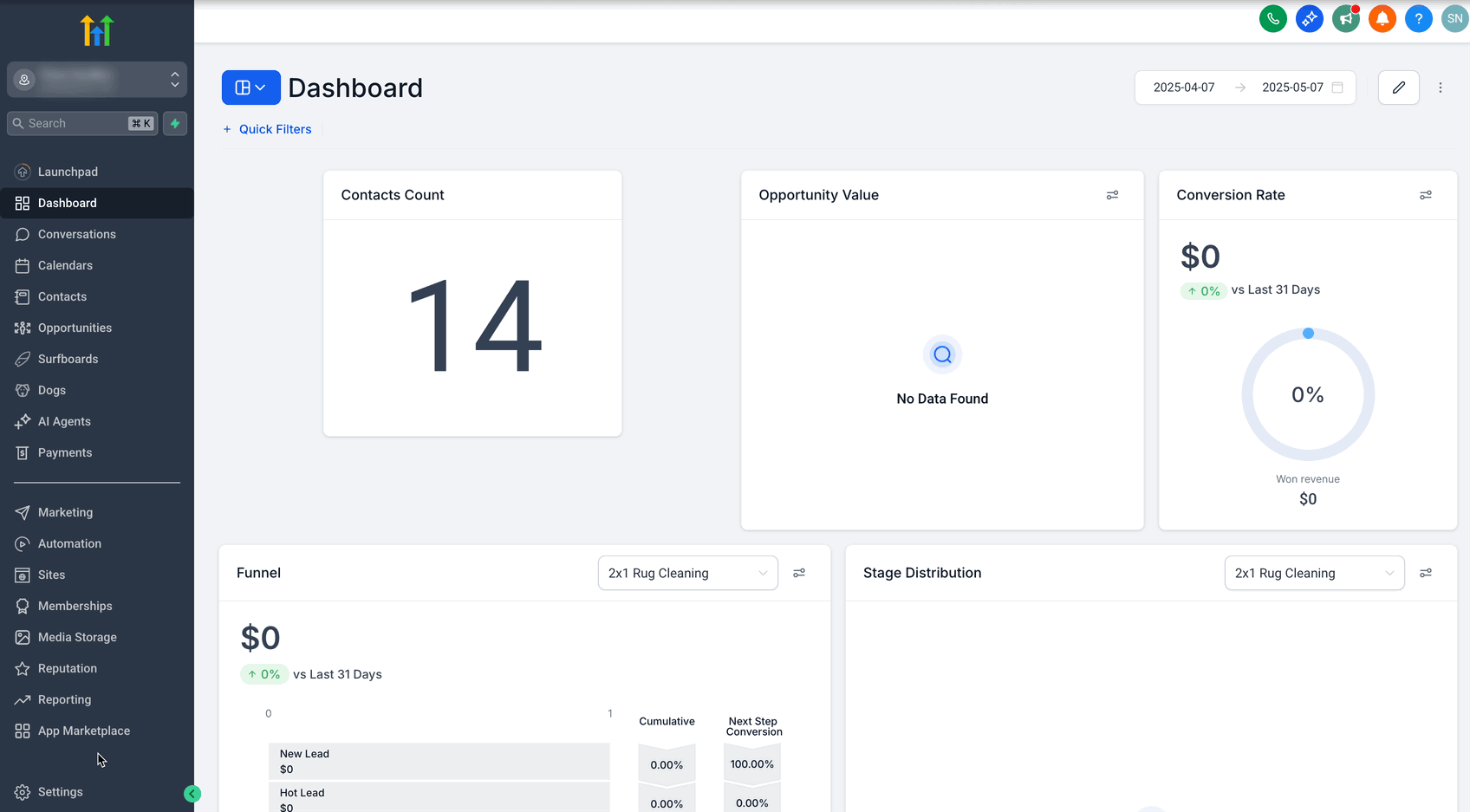 Navigate from the sub-account to Settings, Phone System, and Manage Numbers