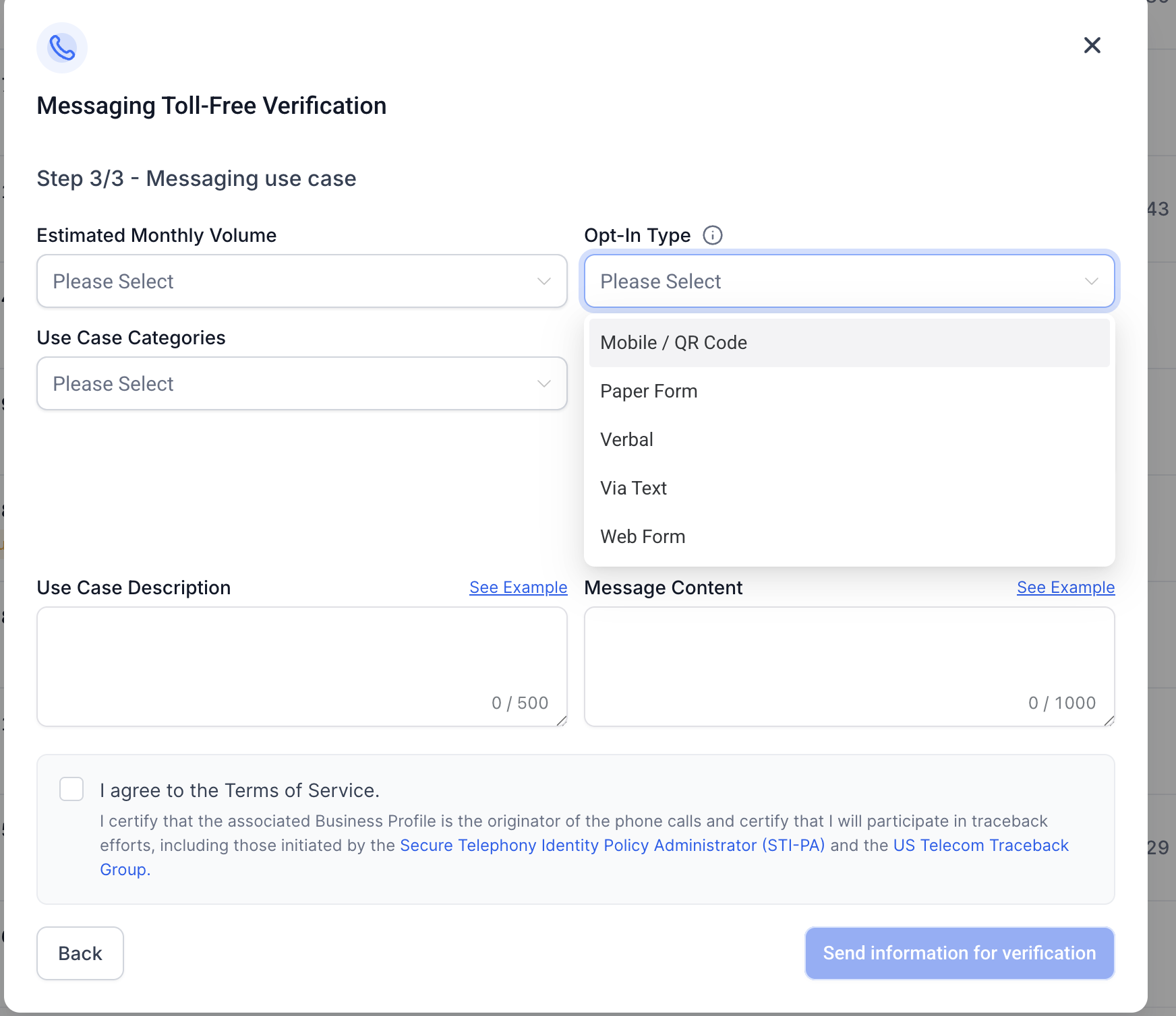 Messaging use case form showing the available opt-in types