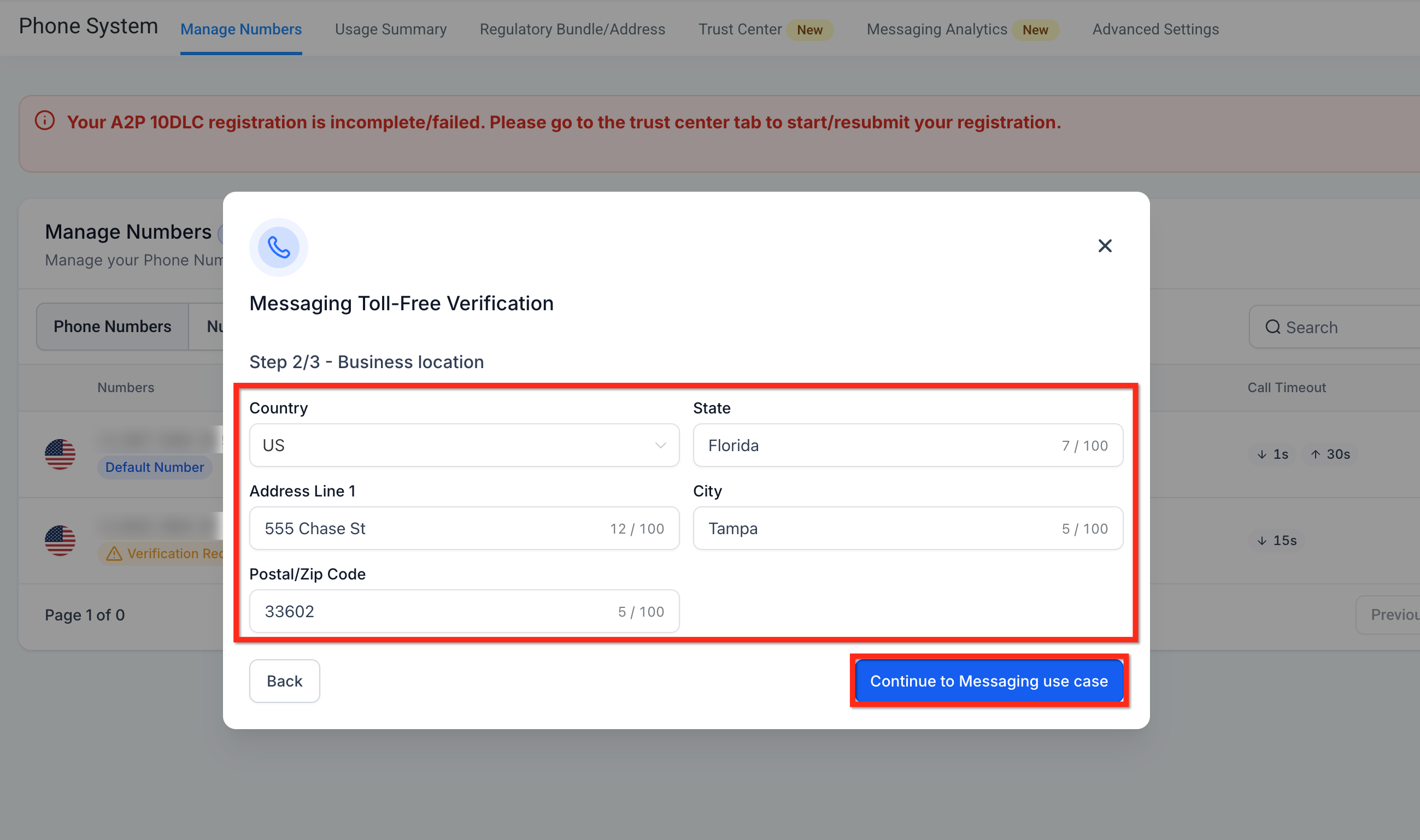 Messaging Toll-Free Verification business location fields
