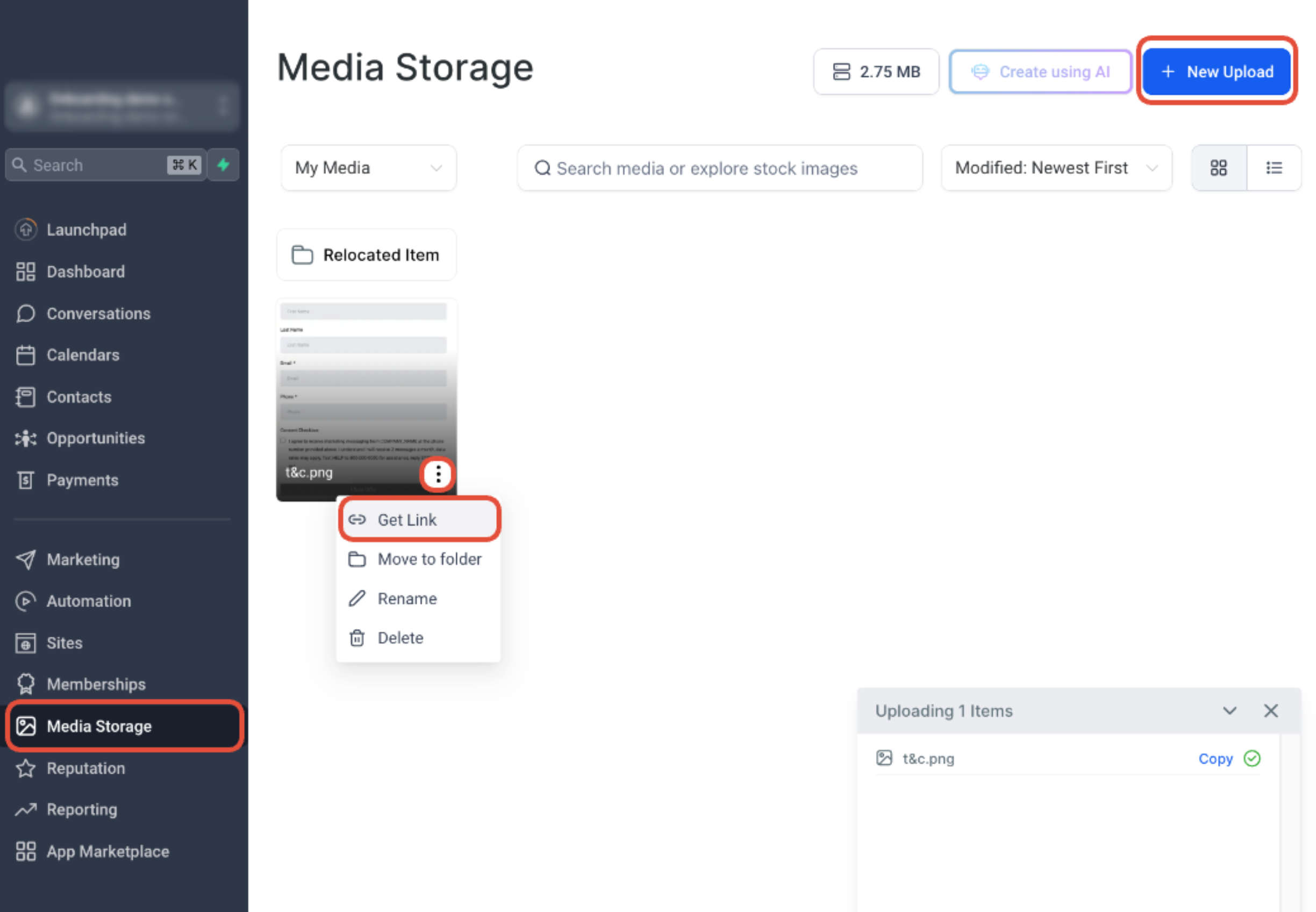Chat To Clients CRM Media Storage showing New Upload and Get Link