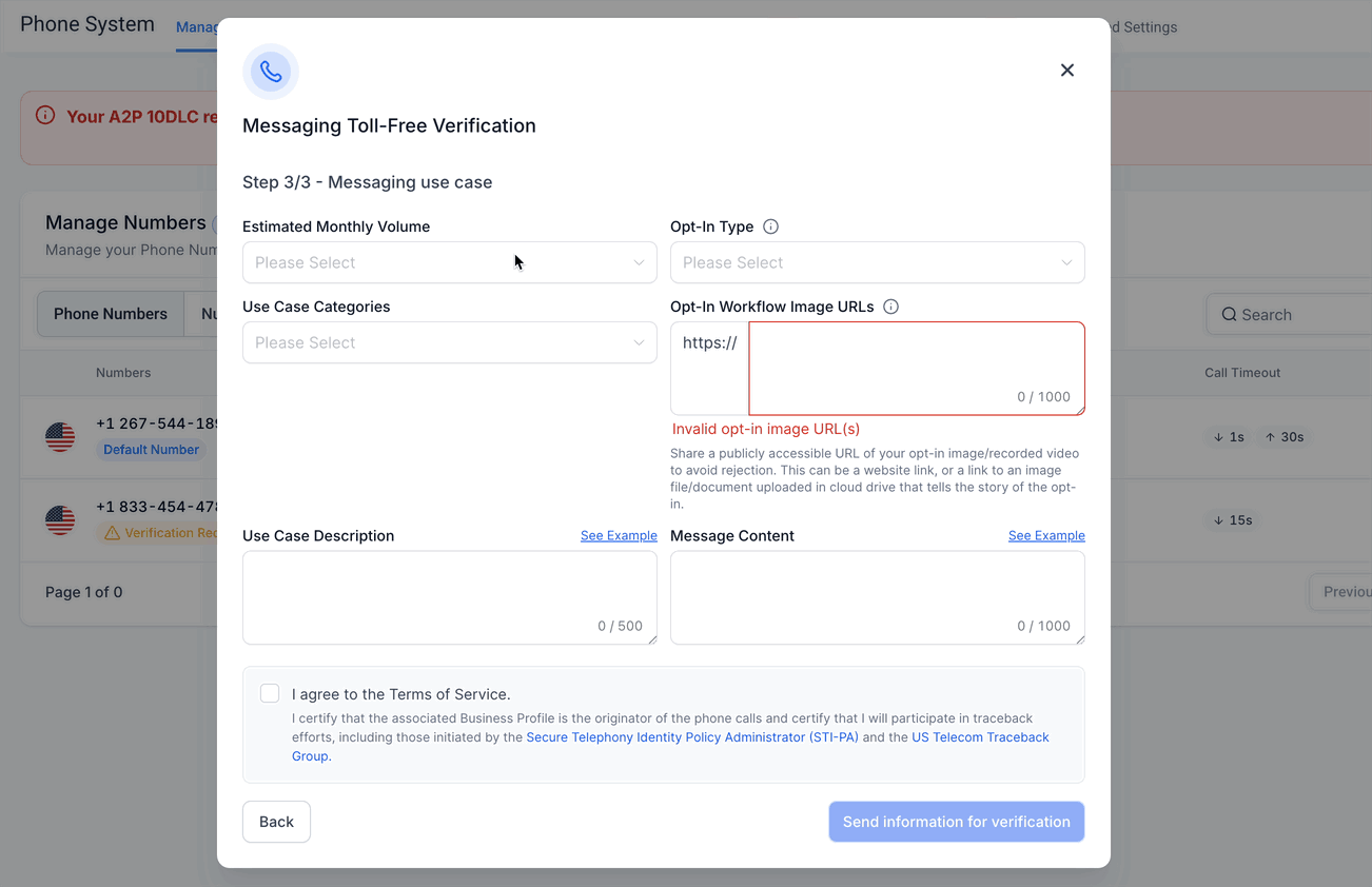 Reviewing and submitting the Toll-Free Verification form
