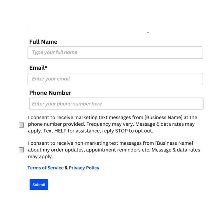 Example web form with separate marketing and non-marketing SMS consent checkboxes
