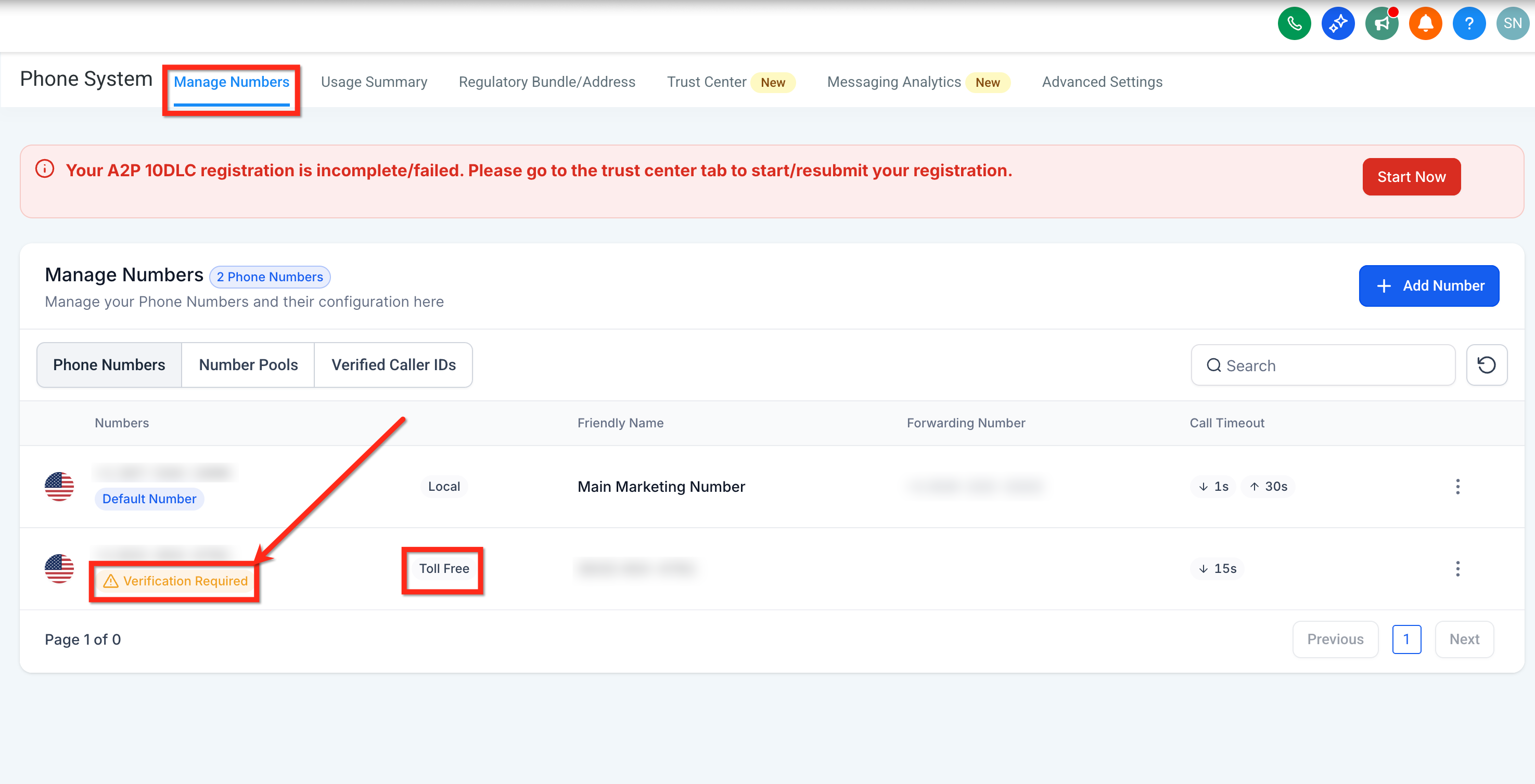 Manage Numbers showing Verification Required beneath a toll-free number