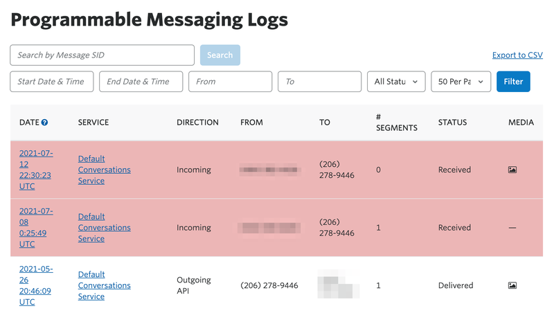 Messaging log entries color-coded by status