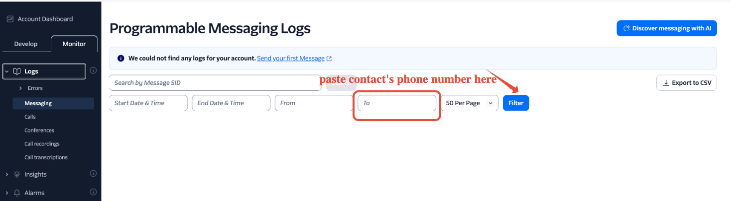 Searching Messaging Logs with a phone number in the TO field