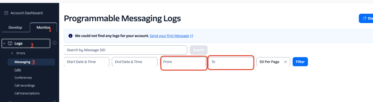 Navigating to Monitor > Logs > Messaging in Twilio