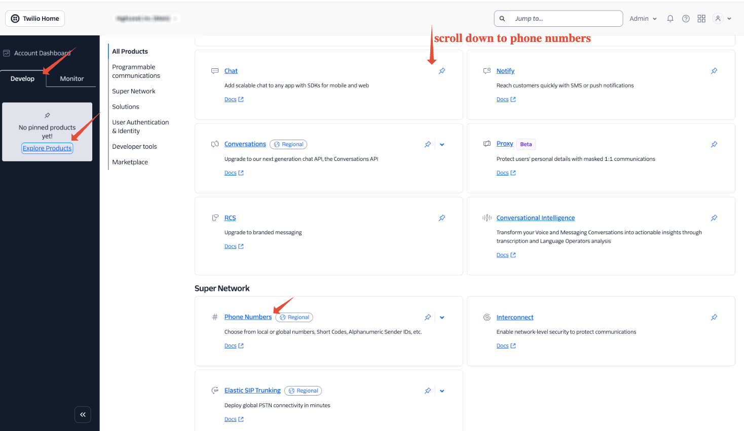 Navigating to Phone Numbers under Explore Products