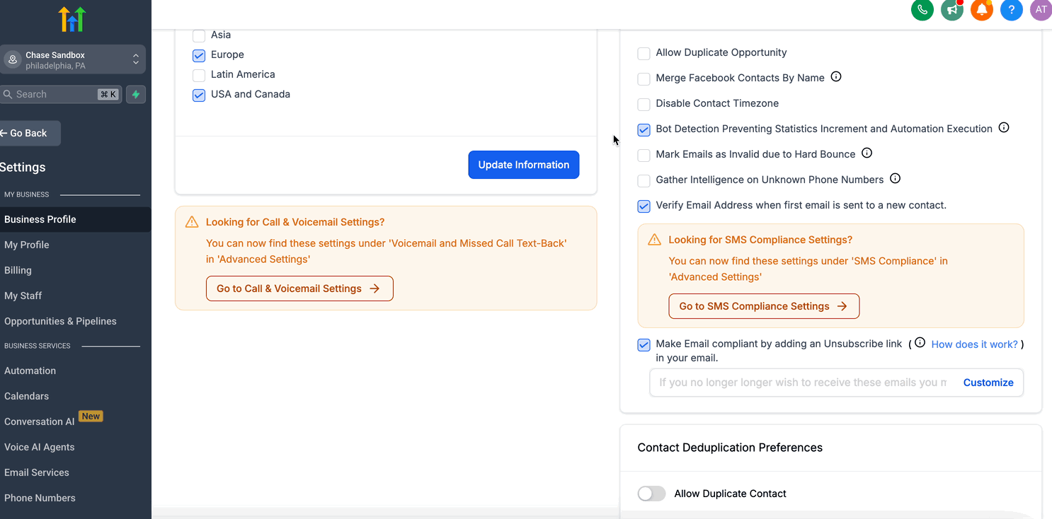 Toggle to enable Include Unsubscribe Link in Business Profile General settings