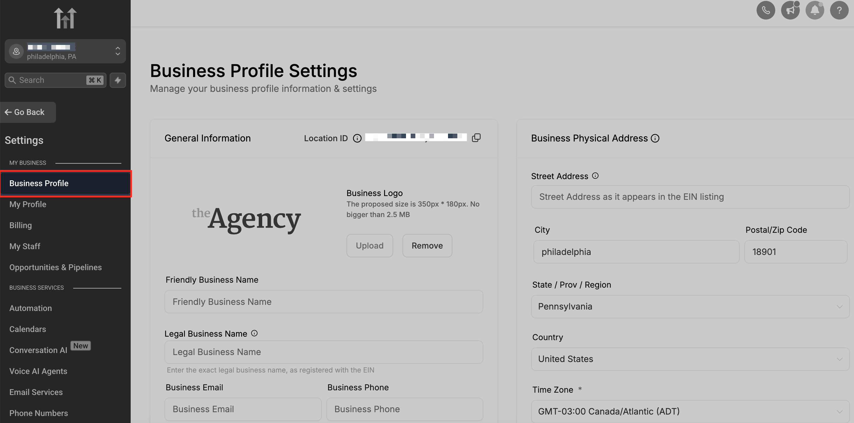 Sub-Account Settings navigation to Business Profile