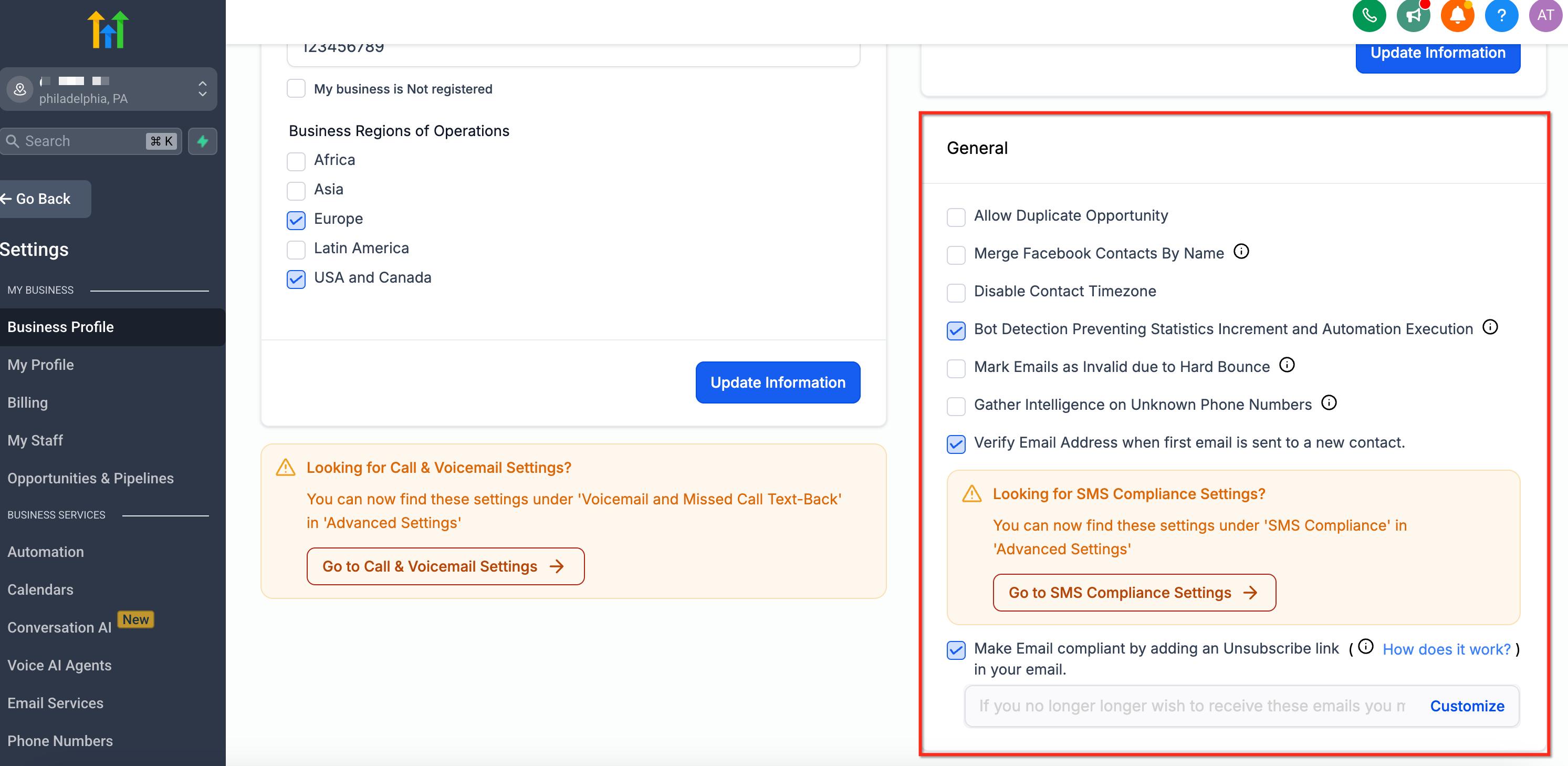 Business Profile General tab showing unsubscribe link settings