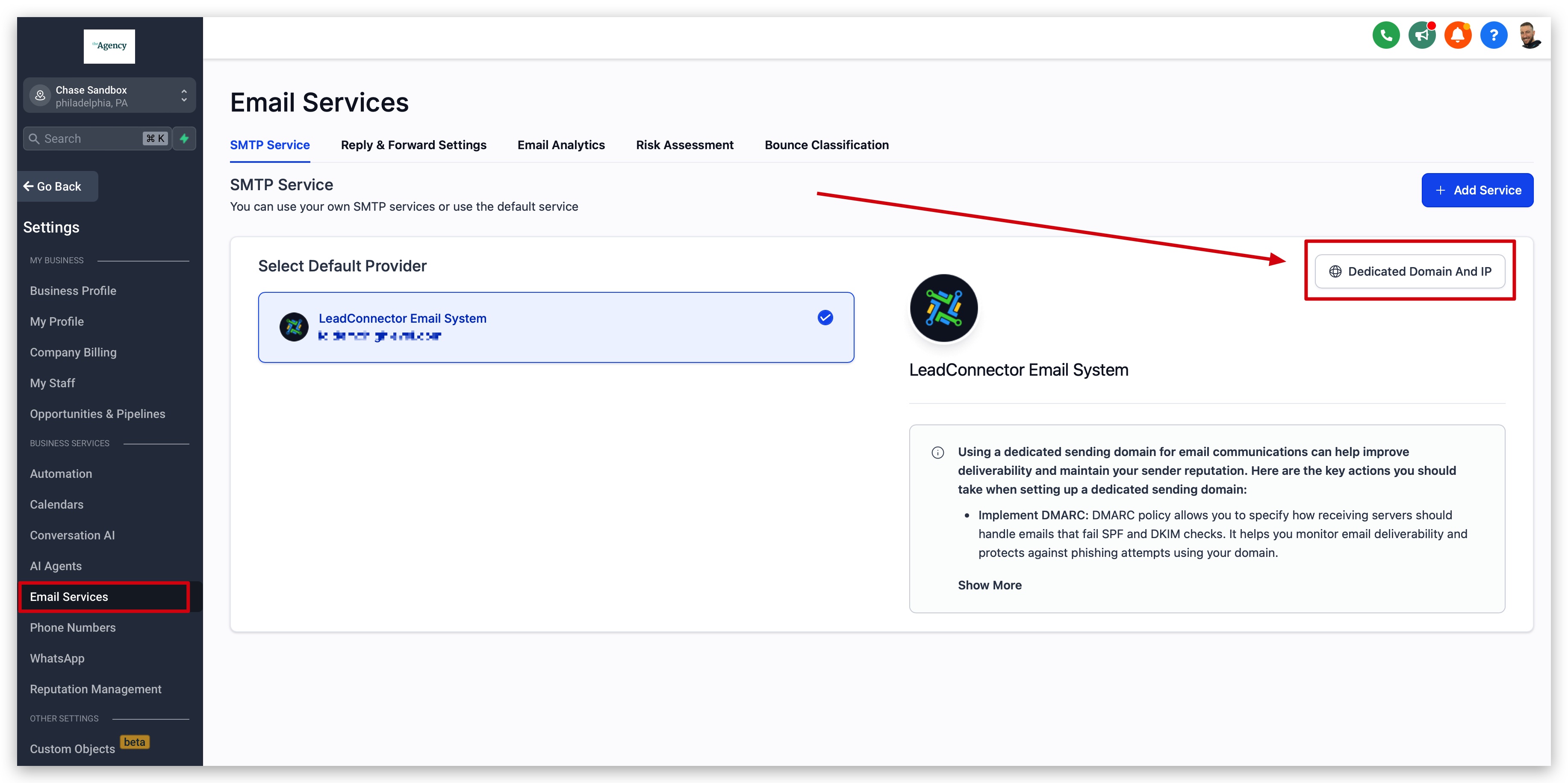 Location Settings navigation to Email Services