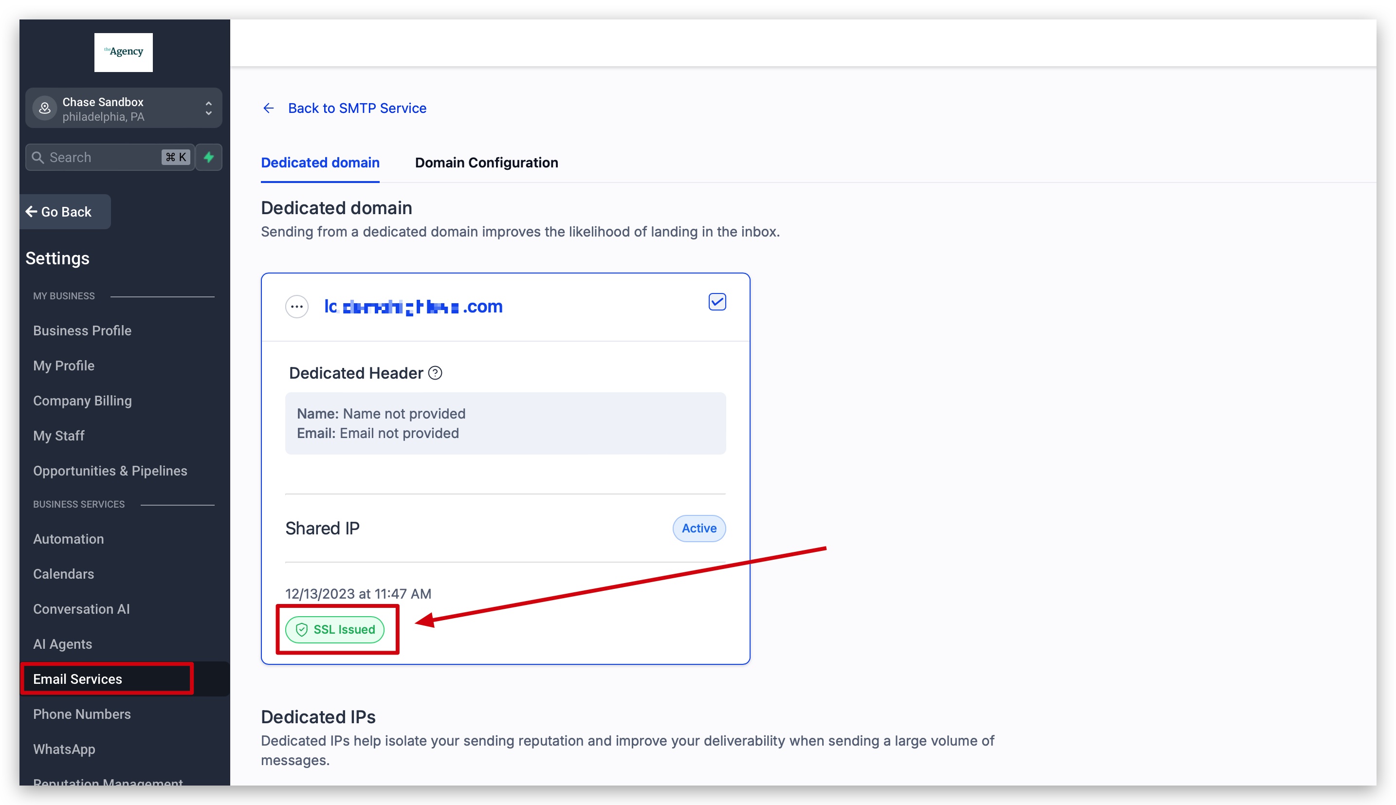 Dedicated Domain And IP panel showing SSL certificate status