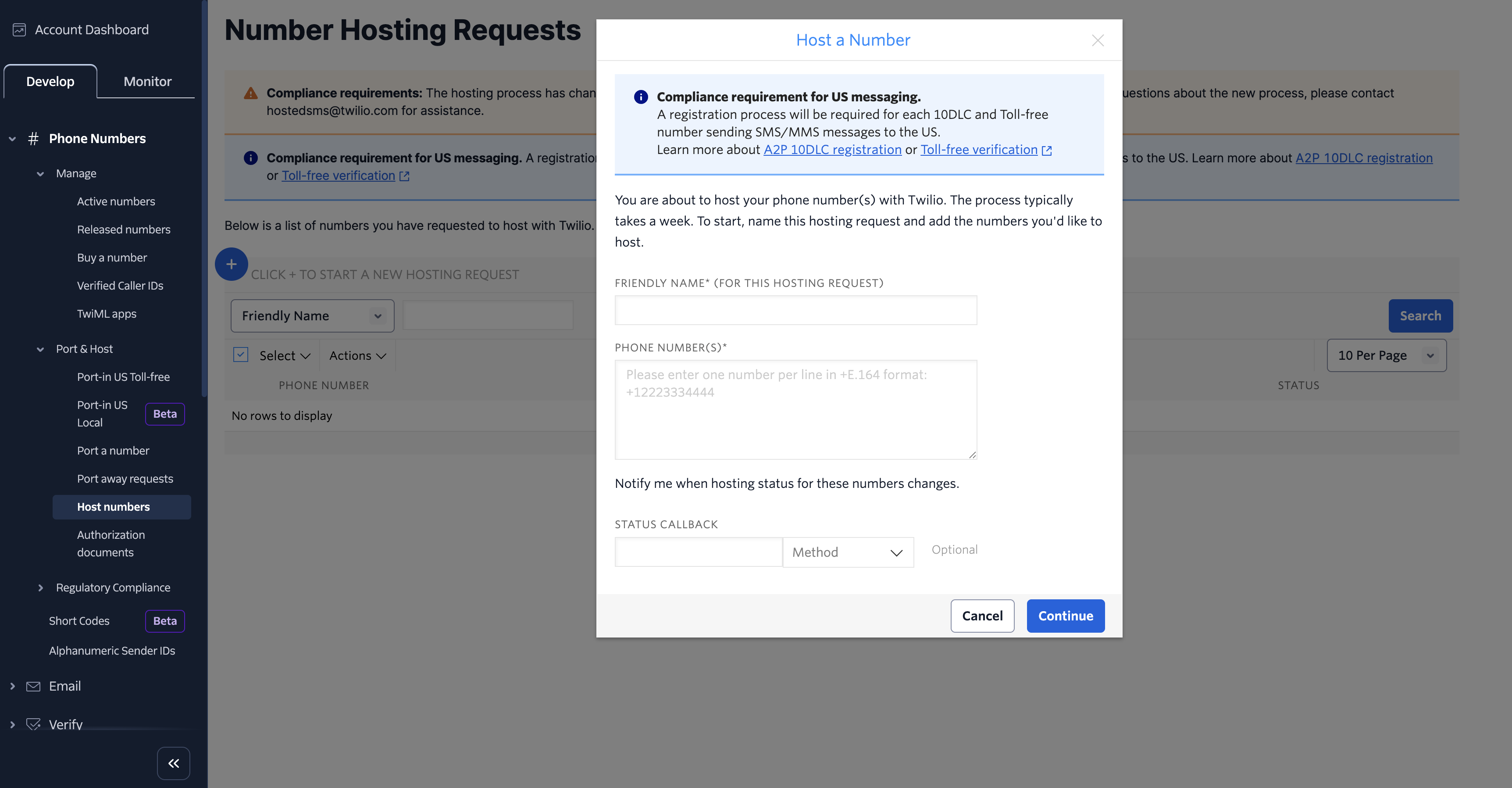 Number Hosting request screen showing hosted number entry and US messaging compliance requirements