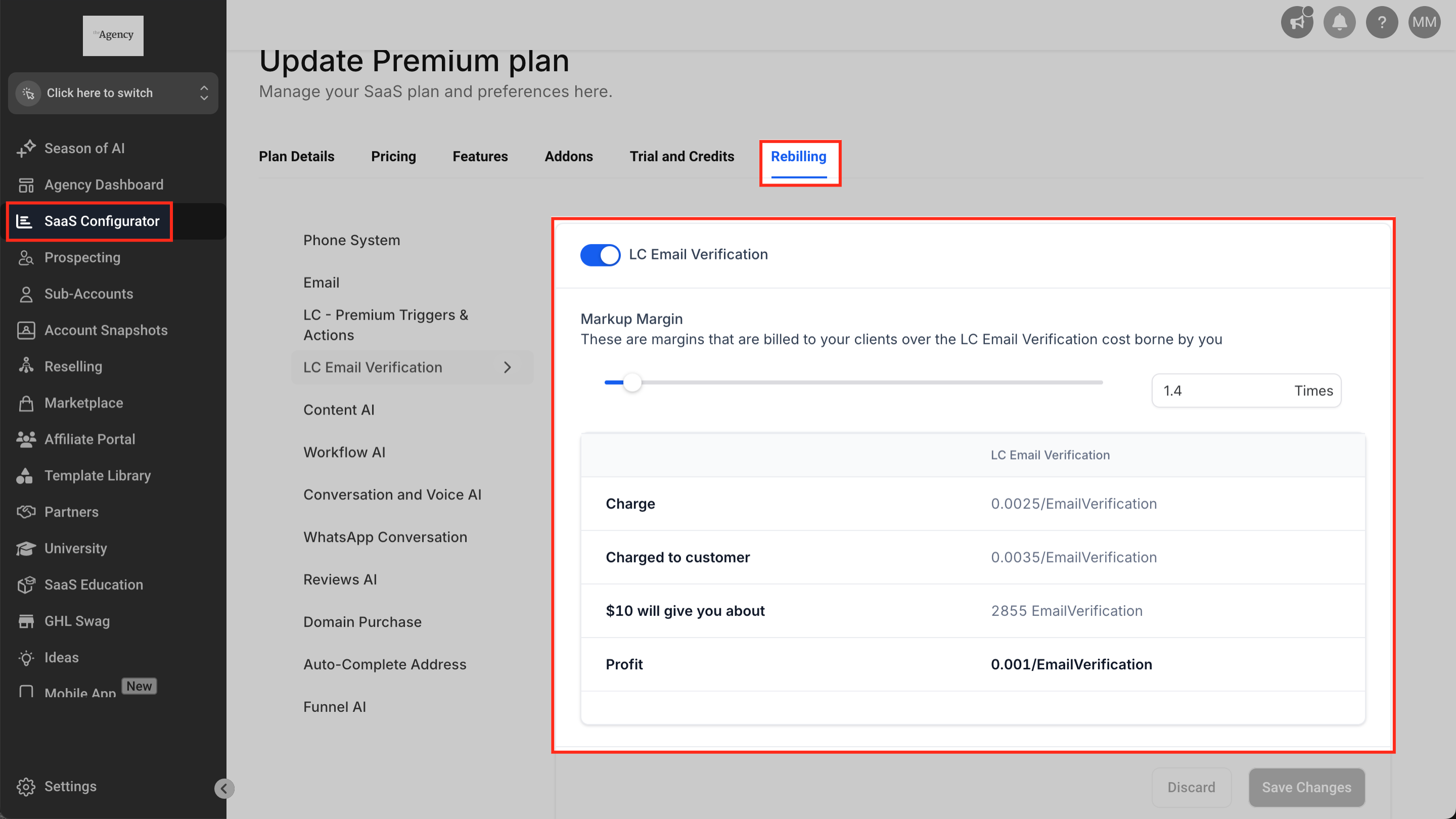 SaaS Configurator rebilling settings for Email Verification