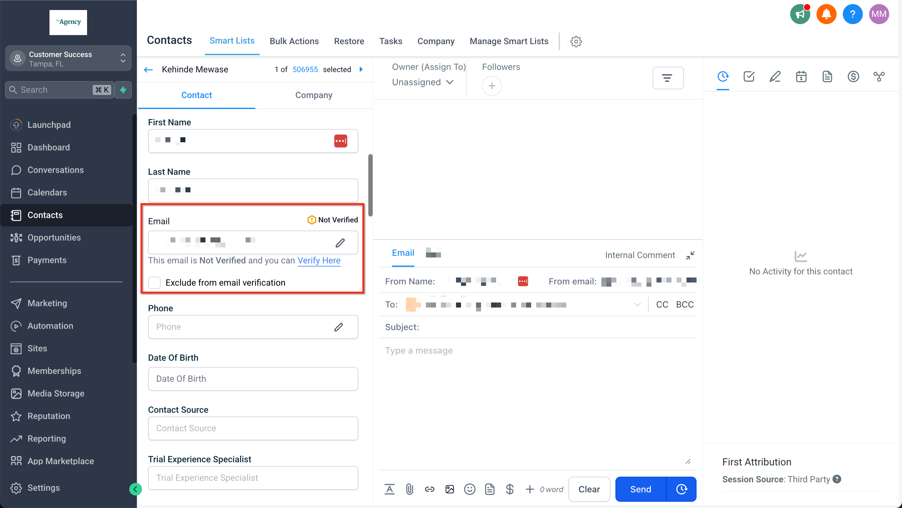 Email field showing verification status on contact details page