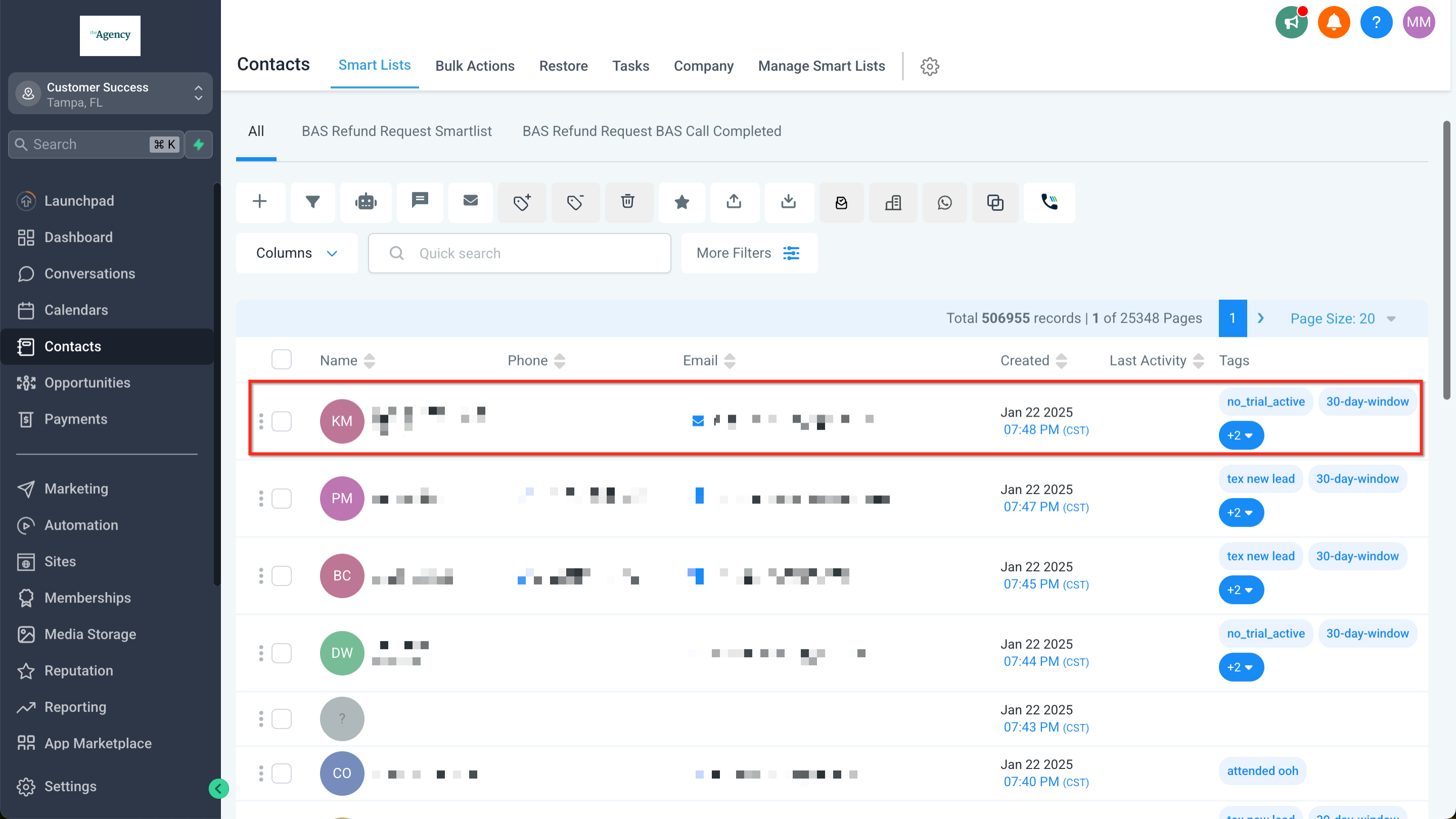 Opening a contact's detail view