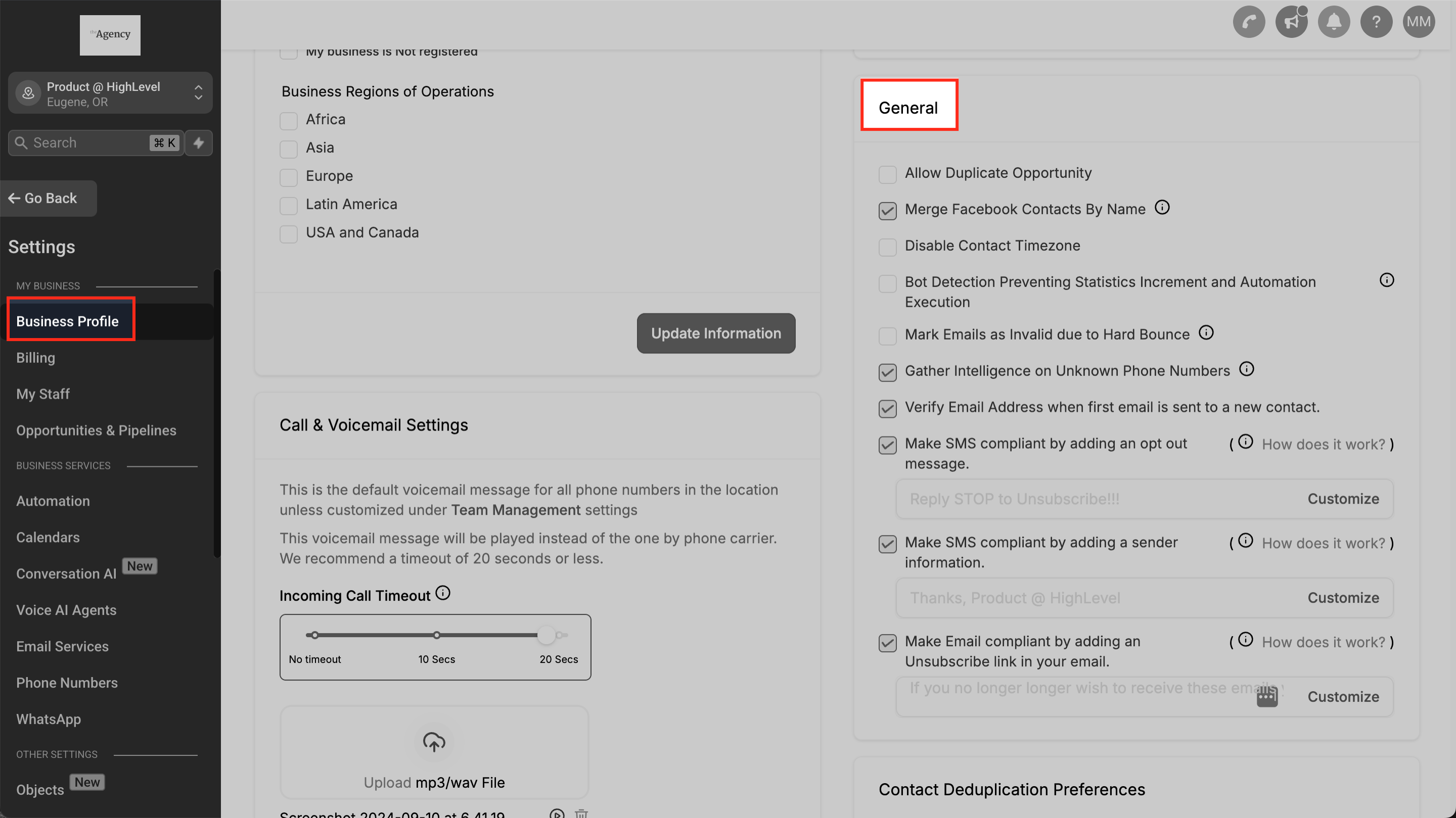 Business Profile General settings