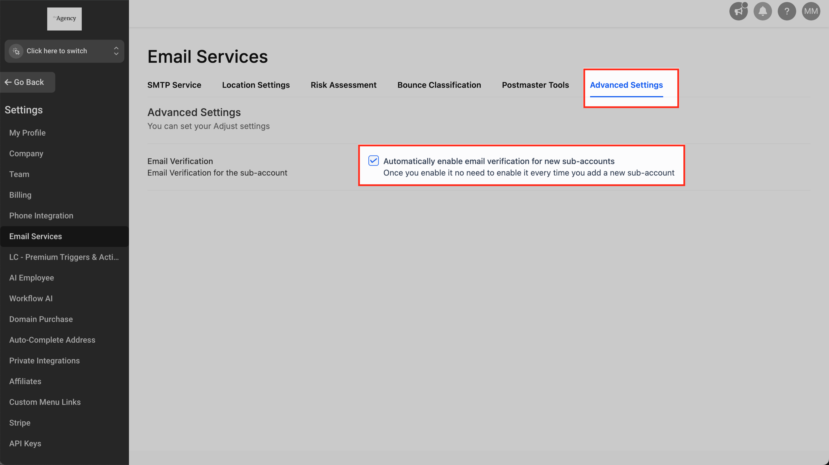 Advanced Settings for auto-enabling email verification on new subaccounts