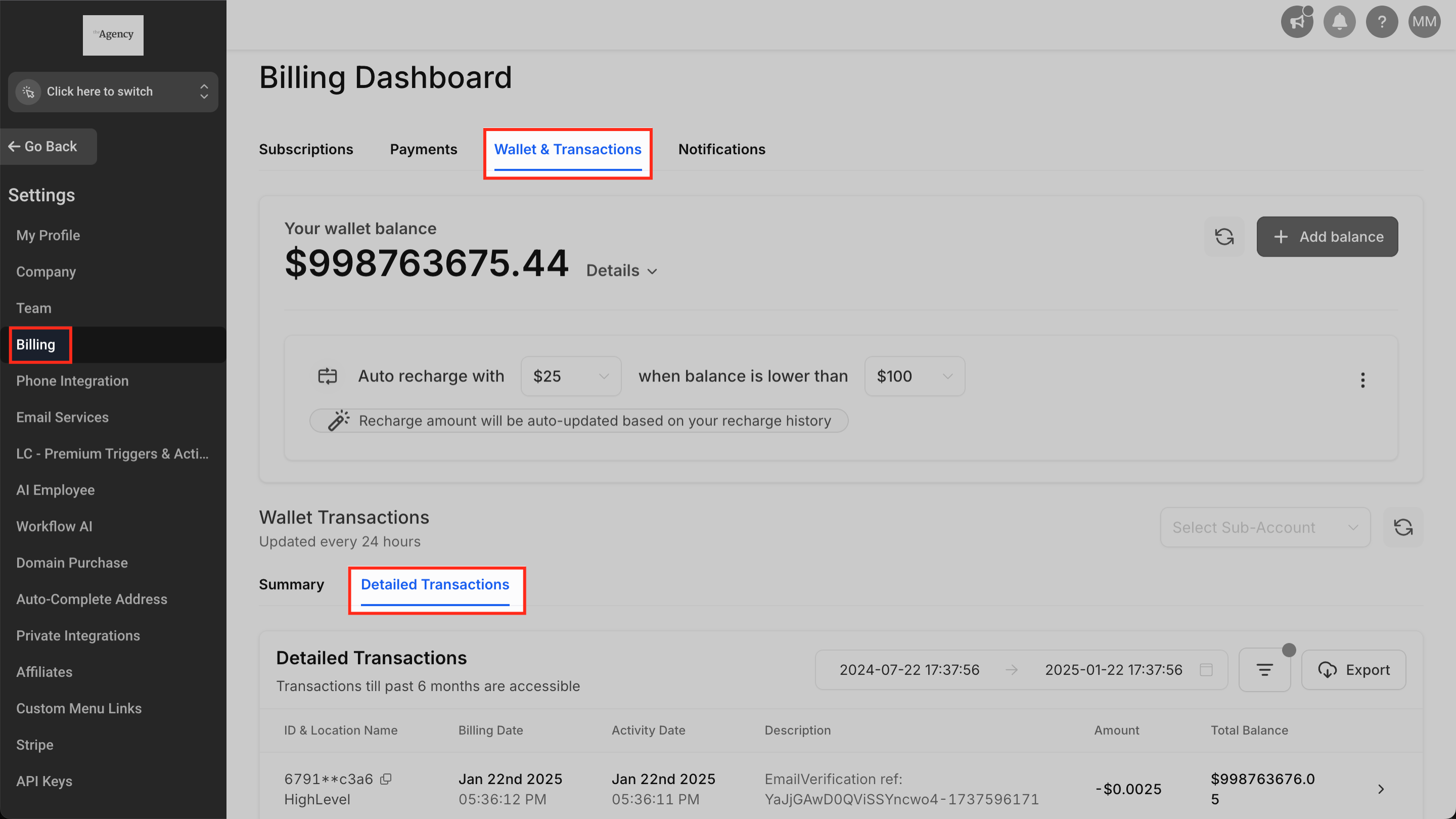 Billing Wallet and Transactions view
