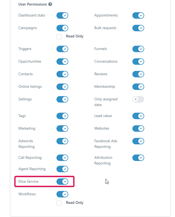 User permissions showing Eliza Service access enabled