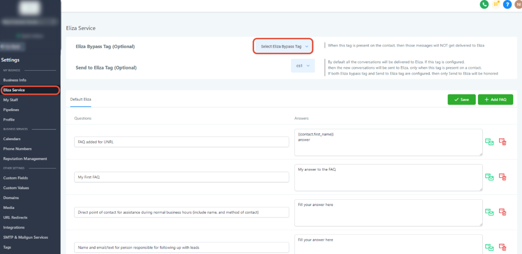 Eliza Service settings showing the Eliza Bypass Tag selector