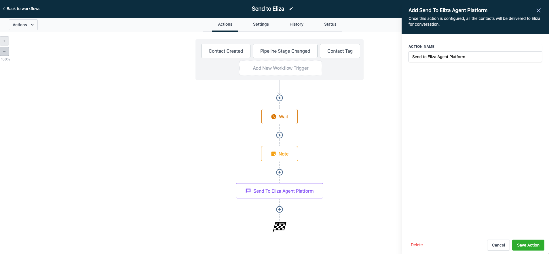Workflow containing the Send to Eliza Agent Platform action