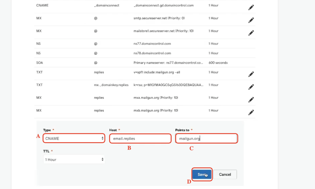 CNAME record form in GoDaddy