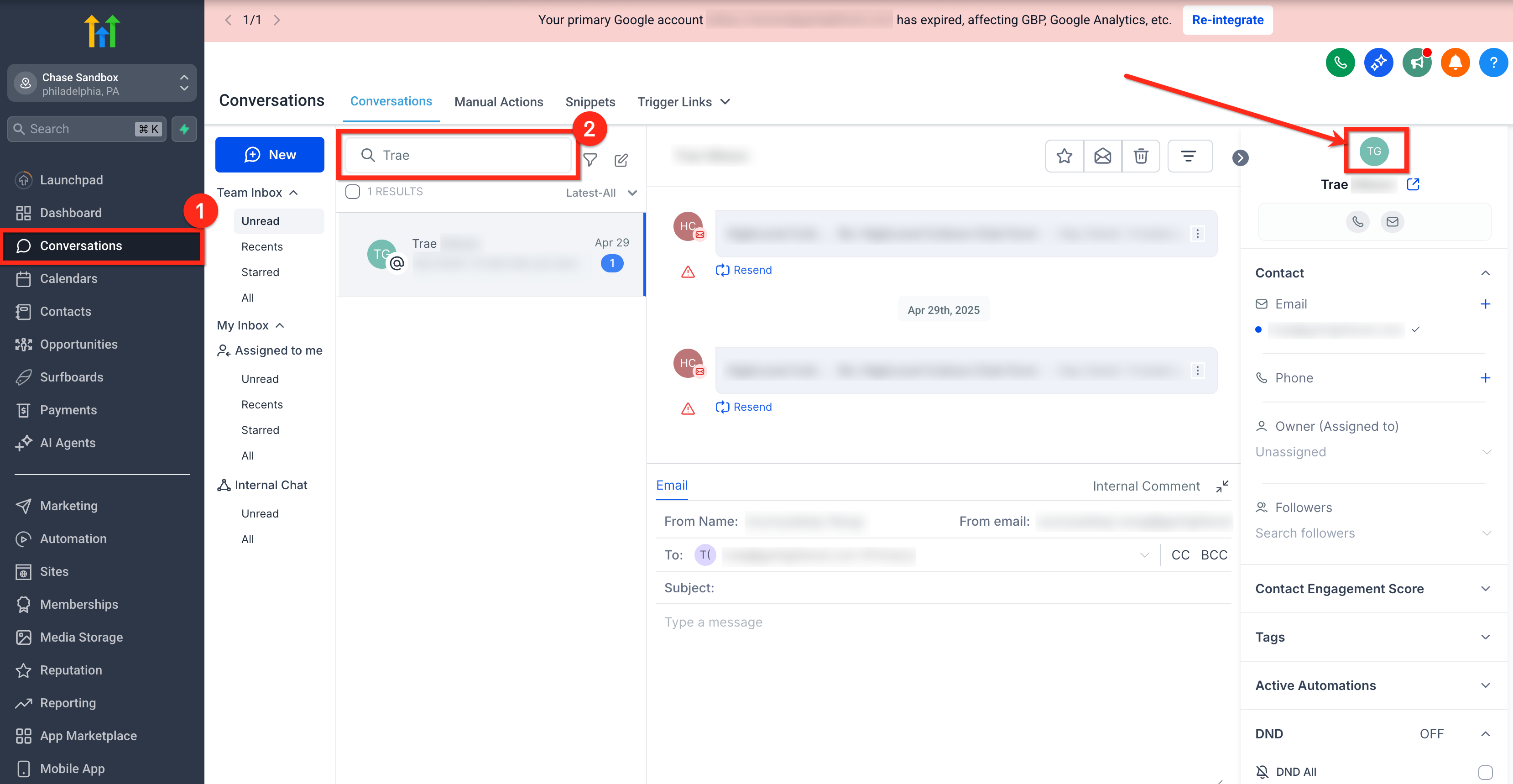 Opening contact details from the Conversations search results