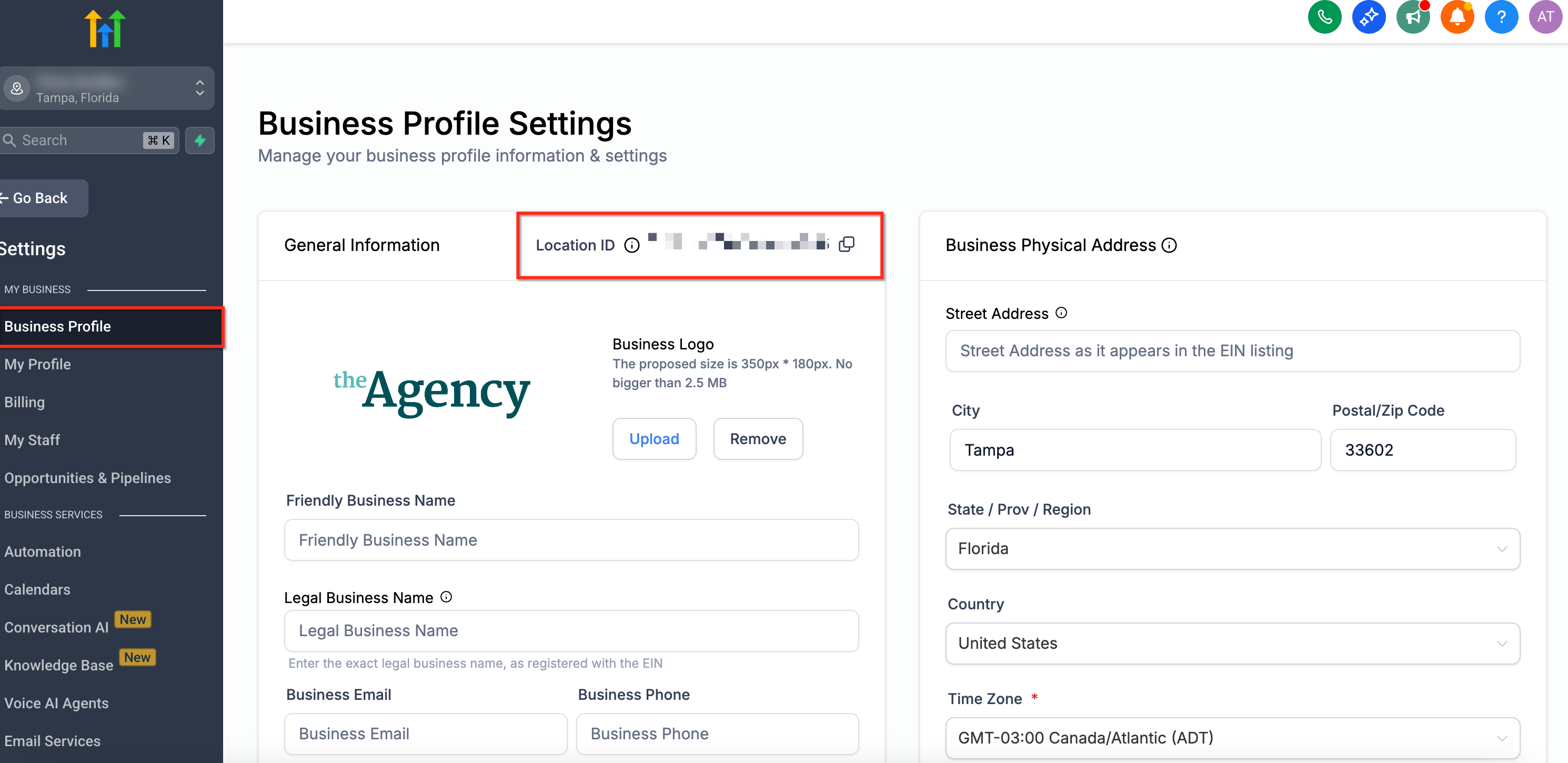 Chat To Clients CRM Business Profile Settings showing the Location ID
