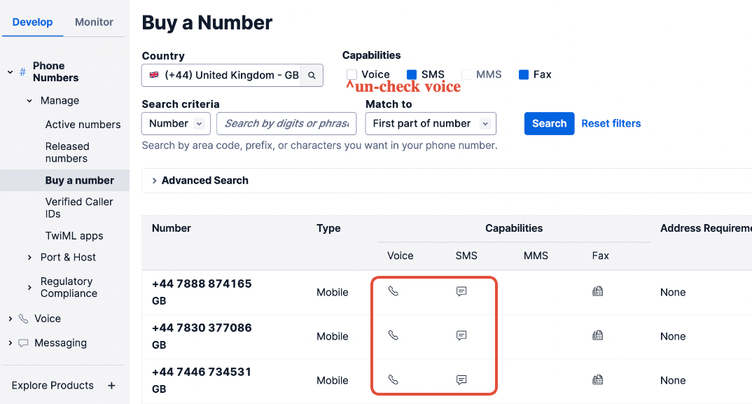 Twilio Buy a Number screen filtered to United Kingdom SMS-capable numbers