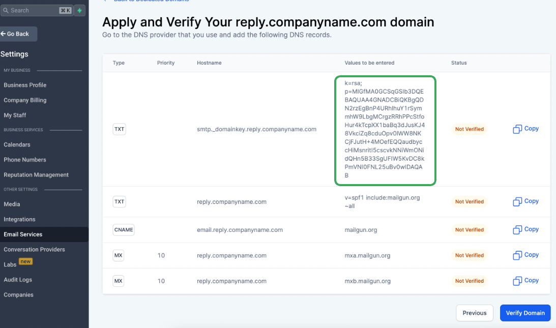 2nd TXT record value — copy the highlighted value