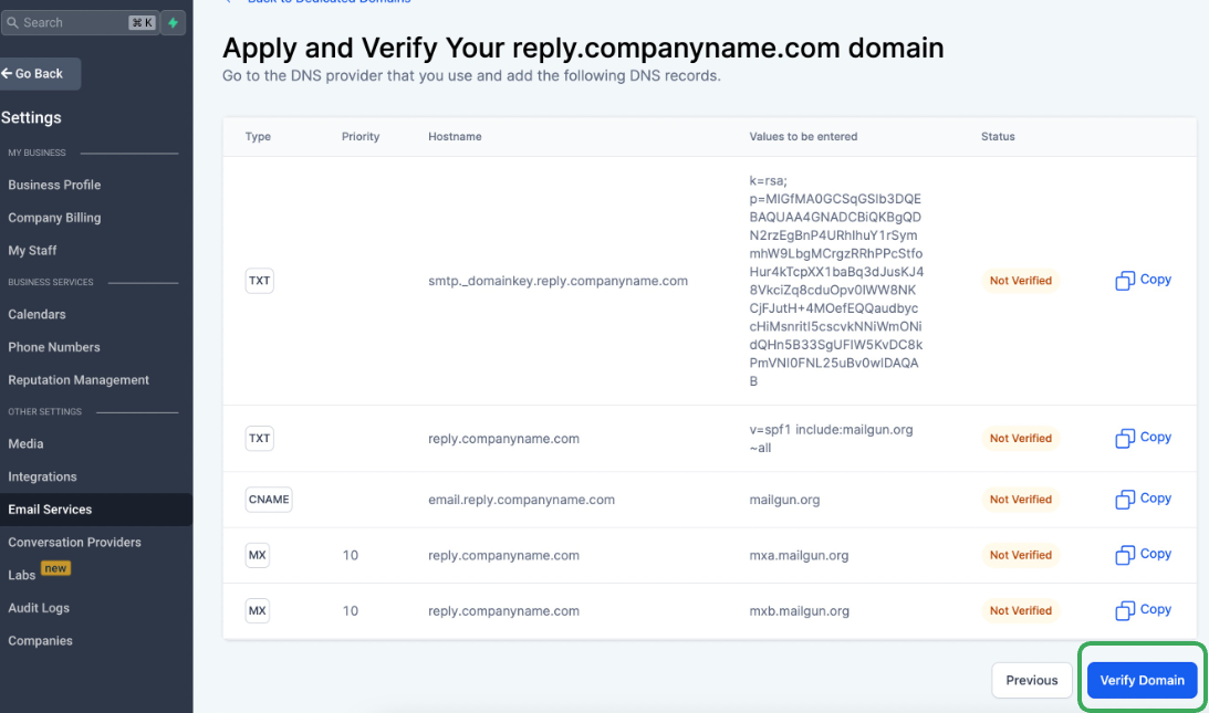 Verify Domain button in Email Services