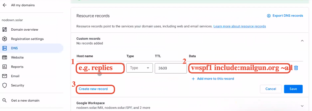 Google Domains DNS panel